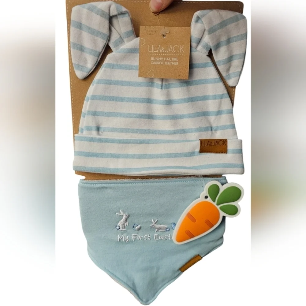 Lila & Jack - NEW Bunny Hat, Bib & Carrot Teether 'My First Easter' Blue Rabbits